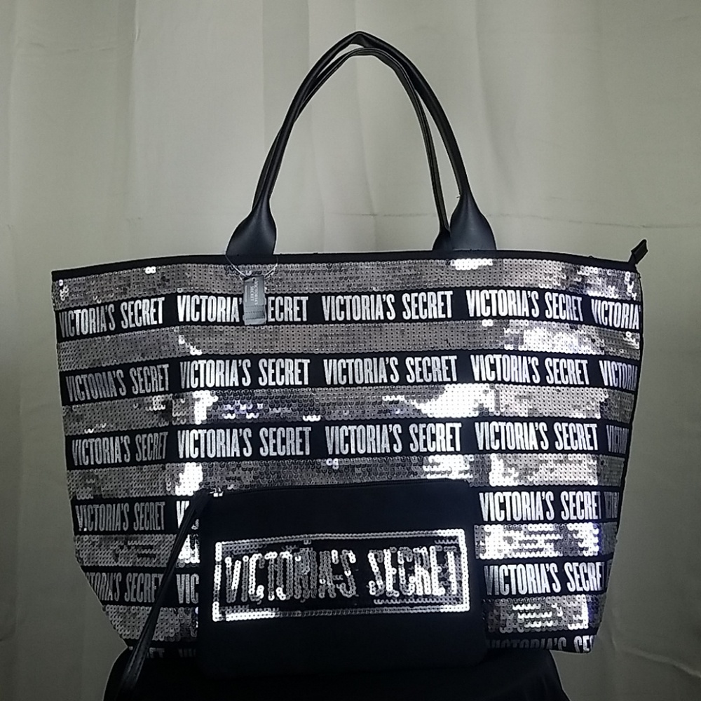 NWT Victoria's Secret Tote, Wristlet Sequin Silver